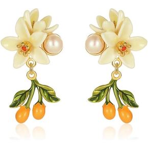 Orange Blossom Flower Kumquat Pearl Enamel Dangle Earrings Handmade Jewelry Gift