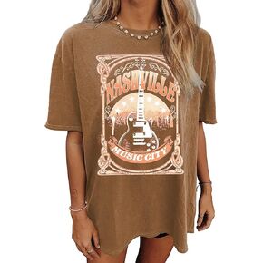 Oversized Rock Band T-Shirt Women Country Music Shirt Tops Nashville Music City Tshirt Vintage Guitar Wings Graphic Tees