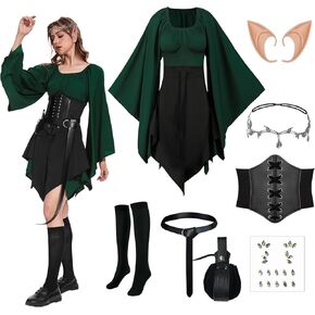 8PCS Women Elf Costume Renaissance Traditional Irish Dress Fairy Costume Halloween Medieval Dress