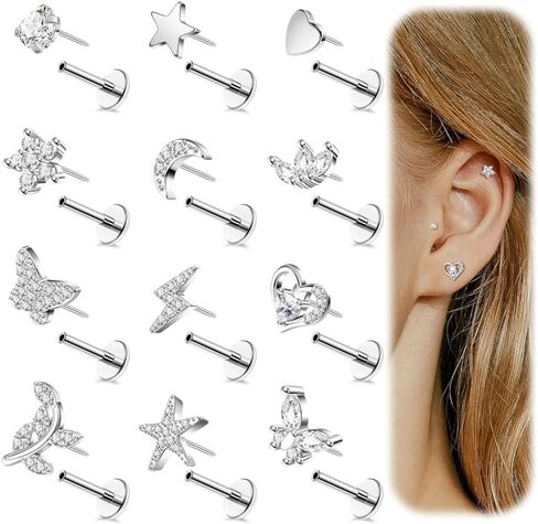 12Pcs 16G Threadless Cartilage Earrings Stud 14K Gold Plated Tragus Earrings for Women 316L Stainless Steel Flat Back Earrings Stud Helix Conch Cartilage Piercing Jewelry Set 6/8mm in Saudi Arabia