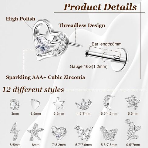 12Pcs 16G Threadless Cartilage Earrings Stud 14K Gold Plated Tragus Earrings for Women 316L Stainless Steel Flat Back Earrings Stud Helix Conch Cartilage Piercing Jewelry Set 6/8mm in Saudi Arabia