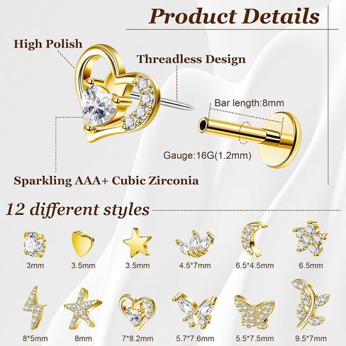 12Pcs 16G Threadless Cartilage Earrings Stud 14K Gold Plated Tragus Earrings for Women 316L Stainless Steel Flat Back Earrings Stud Helix Conch Cartilage Piercing Jewelry Set 6/8mm in Saudi Arabia