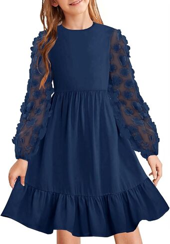 فستان خريفي للفتيات من YOVION فستان شبكي بأكمام طويلة وكشكشة وطبقات واسعة على شكل حرف a للحفلات الرسمية مع جيوب in Kuwait