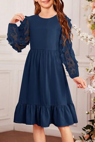 فستان خريفي للفتيات من YOVION فستان شبكي بأكمام طويلة وكشكشة وطبقات واسعة على شكل حرف a للحفلات الرسمية مع جيوب in Kuwait