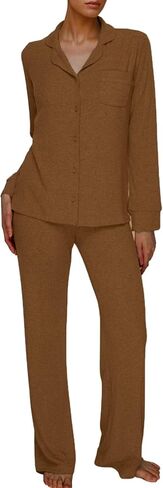 AnotherChill Women's Pajamas Set Long Sleeve Button Down Ribbed Knit 2 Piece Sleep Sets Loungewear Soft Pjs in Saudi Arabia