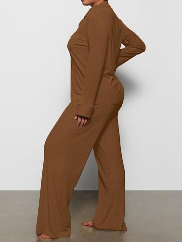 AnotherChill Women's Pajamas Set Long Sleeve Button Down Ribbed Knit 2 Piece Sleep Sets Loungewear Soft Pjs in Saudi Arabia