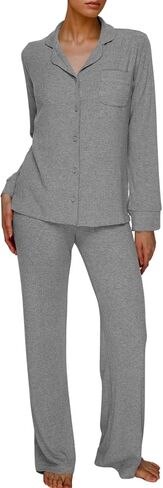 AnotherChill Women's Pajamas Set Long Sleeve Button Down Ribbed Knit 2 Piece Sleep Sets Loungewear Soft Pjs in Saudi Arabia