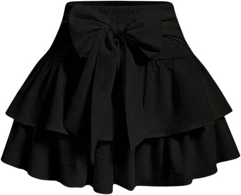 Women's Bow Front Mini Skirt High Shirred Waist Layered Ruffle Hem Short Cake Skirts in Kuwait
