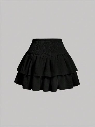 Women's Bow Front Mini Skirt High Shirred Waist Layered Ruffle Hem Short Cake Skirts in Kuwait