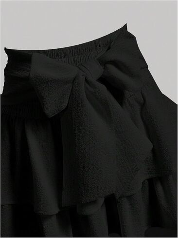 Women's Bow Front Mini Skirt High Shirred Waist Layered Ruffle Hem Short Cake Skirts in Kuwait