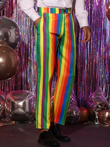 Lars Amadeus Rainbow Pants for Men's Regular Fit Flat Front Color Block Stripe Dress Trousers in Saudi Arabia