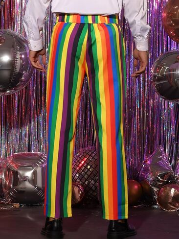 Lars Amadeus Rainbow Pants for Men's Regular Fit Flat Front Color Block Stripe Dress Trousers in Saudi Arabia