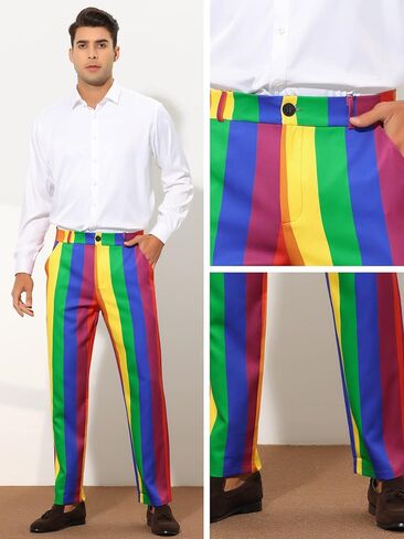Lars Amadeus Rainbow Pants for Men's Regular Fit Flat Front Color Block Stripe Dress Trousers in Saudi Arabia