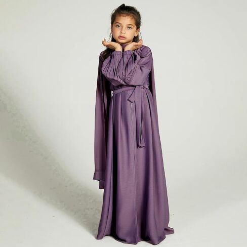 AWIBMK Girls Abayas Pleated layered Open Abaya Dubai Kaftan Prayer Dress with Belt Kids Islamic Muslim Cardigan Kimono Robe in Saudi Arabia