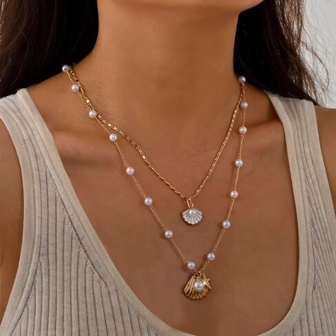 الطبقات شل القلائد البوهيمي اللؤلؤ نجم البحر صدف قلادة قلادة للنساء الإسكالوب المختنق قلادة الصيف الشاطئ مجوهرات هدية in Kuwait