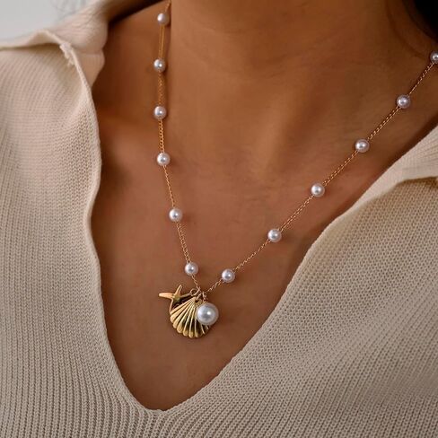 الطبقات شل القلائد البوهيمي اللؤلؤ نجم البحر صدف قلادة قلادة للنساء الإسكالوب المختنق قلادة الصيف الشاطئ مجوهرات هدية in Kuwait