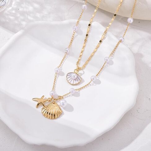الطبقات شل القلائد البوهيمي اللؤلؤ نجم البحر صدف قلادة قلادة للنساء الإسكالوب المختنق قلادة الصيف الشاطئ مجوهرات هدية in Kuwait