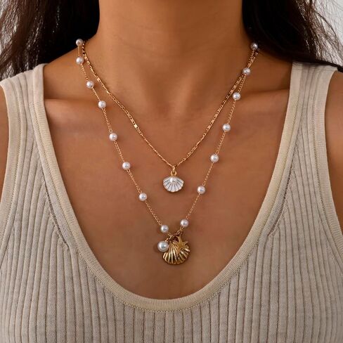 الطبقات شل القلائد البوهيمي اللؤلؤ نجم البحر صدف قلادة قلادة للنساء الإسكالوب المختنق قلادة الصيف الشاطئ مجوهرات هدية in Kuwait