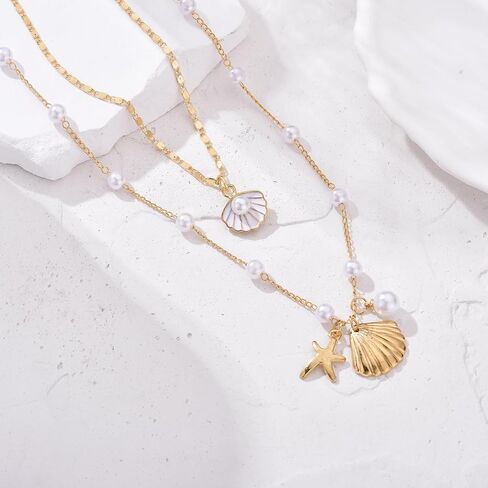 الطبقات شل القلائد البوهيمي اللؤلؤ نجم البحر صدف قلادة قلادة للنساء الإسكالوب المختنق قلادة الصيف الشاطئ مجوهرات هدية in Kuwait