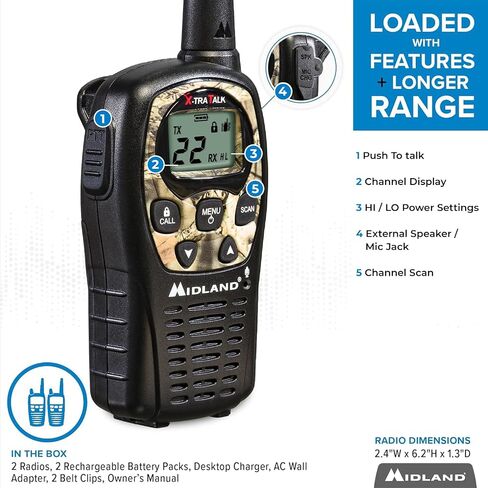 ميدلاند - LXT500VP3، أجهزة اتصال لاسلكية FRS ذات 22 قناة مع مسح للقنوات - أجهزة راديو ذات نطاق ممتد، تشغيل صامت، البطاريات متضمنة (حزمة زوجية) (أسود) in Kuwait
