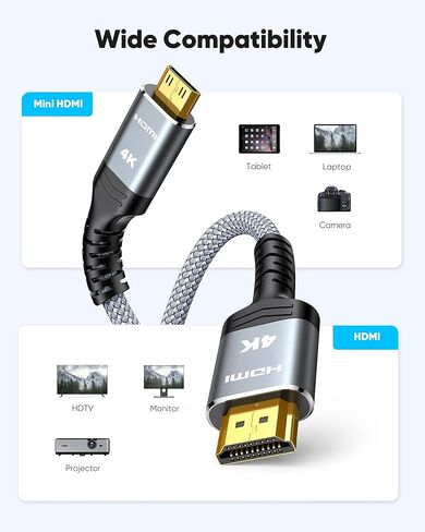 كابل Highwings Mini HDMI إلى HDMI بطول 10 أقدام، 4K 60 هرتز عالي السرعة HDMI إلى كابل HDMI صغير ذكر ثنائي الاتجاه 2.0 سلك، للتلفزيون عالي الدقة والكمبيوتر اللوحي والكاميرا وكاميرا الفيديو [غلاف من الألومنيوم، مضفر من النايلون] in Kuwait