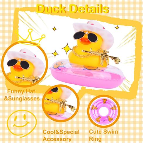 Yellow Duck Car Ornament Swim Ring Car Rubber Ducks Dashboard Decoration with Mini Cowboy Hat Swim Tube Necklace Alloy Glasses and Cool Accessories(A-Black) in Saudi Arabia