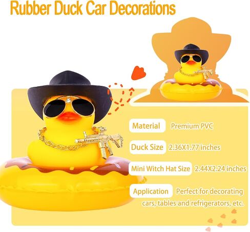 Yellow Duck Car Ornament Swim Ring Car Rubber Ducks Dashboard Decoration with Mini Cowboy Hat Swim Tube Necklace Alloy Glasses and Cool Accessories(A-Black) in Saudi Arabia