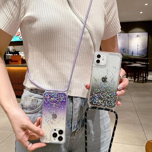 for iPhone 16 Plus Strap Case with Crossbody Lanyard, Clear Glitter Shiny Bling Sparkle Shockproof Cover with Soft TPU Bumper, Adjustable Shoulder Neck String for Girls Women - Crystal Clear in Kuwait
