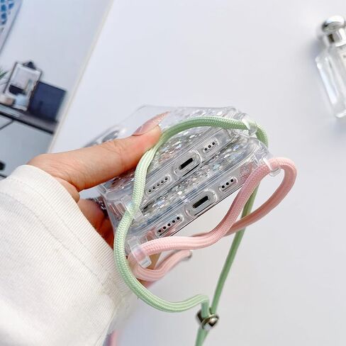 for iPhone 16 Plus Strap Case with Crossbody Lanyard, Clear Glitter Shiny Bling Sparkle Shockproof Cover with Soft TPU Bumper, Adjustable Shoulder Neck String for Girls Women - Crystal Clear in Kuwait