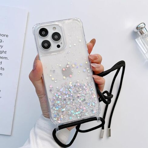 for iPhone 16 Plus Strap Case with Crossbody Lanyard, Clear Glitter Shiny Bling Sparkle Shockproof Cover with Soft TPU Bumper, Adjustable Shoulder Neck String for Girls Women - Crystal Clear in Kuwait