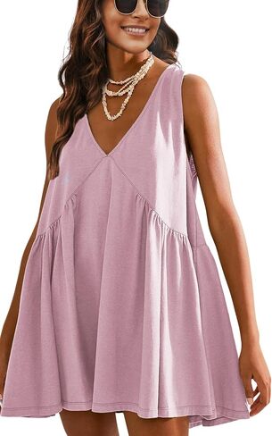 Womens Summer Mini Dress V Neck Sleeveless Tunic Beach Pleated Sundress with Pockets in Saudi Arabia