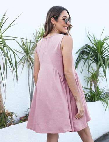 Womens Summer Mini Dress V Neck Sleeveless Tunic Beach Pleated Sundress with Pockets in Saudi Arabia
