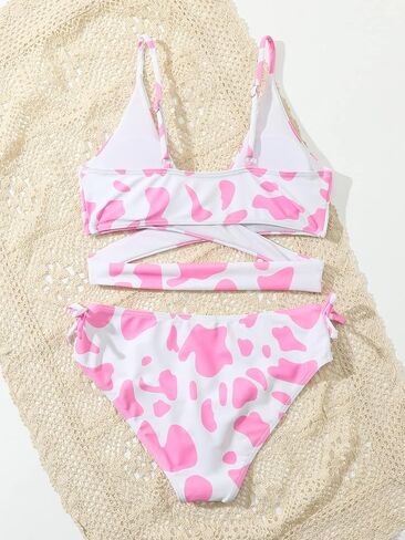 Milumia Girl Cute 2 Piece Swimsuits Cow Print Bathing Suit Wrap Knot Side Bikini Set in Saudi Arabia