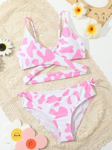 Milumia Girl Cute 2 Piece Swimsuits Cow Print Bathing Suit Wrap Knot Side Bikini Set in Saudi Arabia
