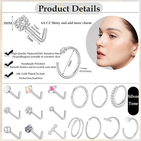 18 قطعة 20 جرام حلقات الأنف للنساء 316L الفولاذ المقاوم للصدأ حلقات الأنف مجموعة هيبوالرجينيك 14K الذهب شغل حلقات الأنف الأطواق L على شكل الأنف ترصيع الذهب الفضة الأنف ثقب المجوهرات للنساء الرجال in Kuwait