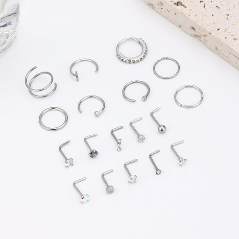 18 قطعة 20 جرام حلقات الأنف للنساء 316L الفولاذ المقاوم للصدأ حلقات الأنف مجموعة هيبوالرجينيك 14K الذهب شغل حلقات الأنف الأطواق L على شكل الأنف ترصيع الذهب الفضة الأنف ثقب المجوهرات للنساء الرجال in Kuwait