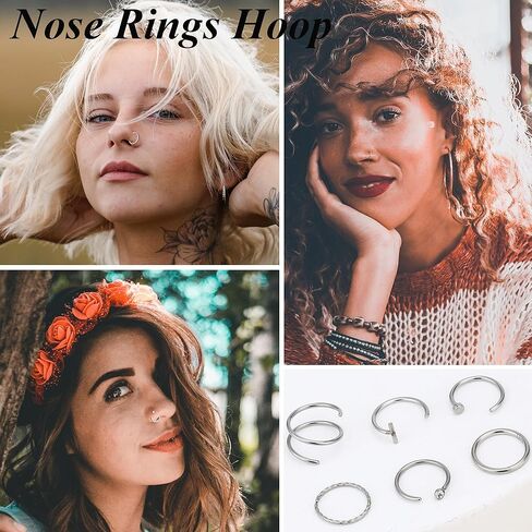 18 قطعة 20 جرام حلقات الأنف للنساء 316L الفولاذ المقاوم للصدأ حلقات الأنف مجموعة هيبوالرجينيك 14K الذهب شغل حلقات الأنف الأطواق L على شكل الأنف ترصيع الذهب الفضة الأنف ثقب المجوهرات للنساء الرجال in Kuwait