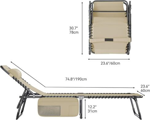 YITAHOME Patio Lounge Chair, Portable Reclining Chairse Lounge Folding Camping Cot 5 Posistion Adjustable w/Head Pillow & Portable Handbag for Camping, Pool, Beach and Patio, Black in Saudi Arabia