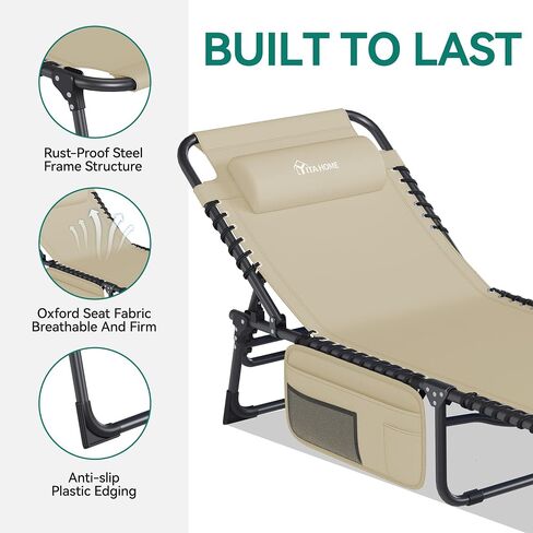 YITAHOME Patio Lounge Chair, Portable Reclining Chairse Lounge Folding Camping Cot 5 Posistion Adjustable w/Head Pillow & Portable Handbag for Camping, Pool, Beach and Patio, Black in Saudi Arabia
