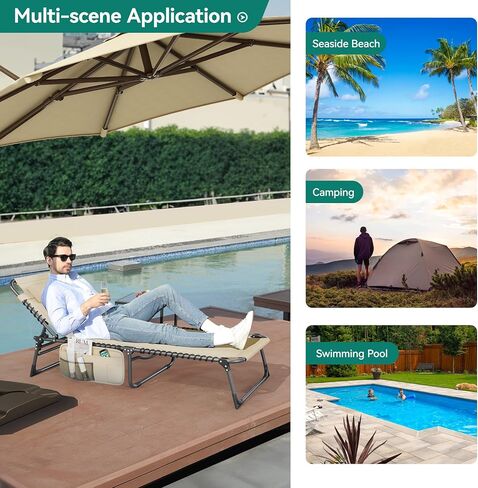 YITAHOME Patio Lounge Chair, Portable Reclining Chairse Lounge Folding Camping Cot 5 Posistion Adjustable w/Head Pillow & Portable Handbag for Camping, Pool, Beach and Patio, Black in Saudi Arabia