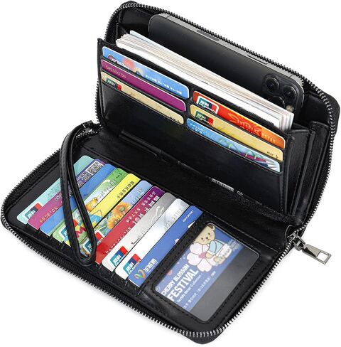 Wallet For Women Vegan Leather Zip Around Phone Clutch Large Capacity Ladies Long Purse Credit Card Travel Wristlet Black in Saudi Arabia