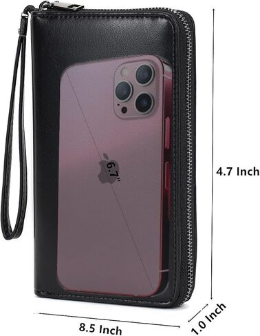 Wallet For Women Vegan Leather Zip Around Phone Clutch Large Capacity Ladies Long Purse Credit Card Travel Wristlet Black in Saudi Arabia