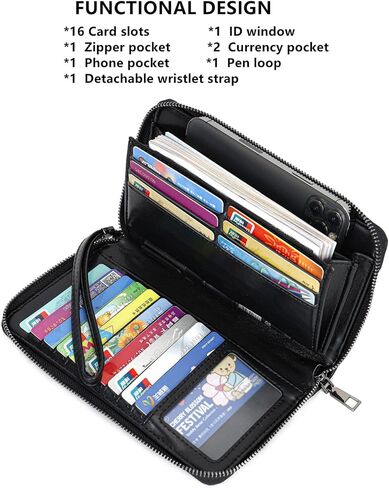 Wallet For Women Vegan Leather Zip Around Phone Clutch Large Capacity Ladies Long Purse Credit Card Travel Wristlet Black in Saudi Arabia