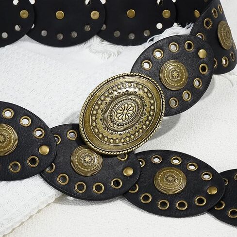 Wide Disc Belt for Women Leather Oval Belt Western Vintage Waist Belts in Kuwait