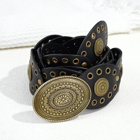 Wide Disc Belt for Women Leather Oval Belt Western Vintage Waist Belts in Kuwait