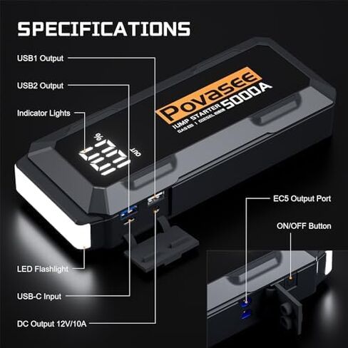 Jump Starter 5000A Peak Car Battery Jump Starter, 12V Jump Start Battery Pack up to All Gas or 10L Diesel Engine Battery Jump Box with 3" LCD Display Power Bank/Dual Output/LED Light in Kuwait