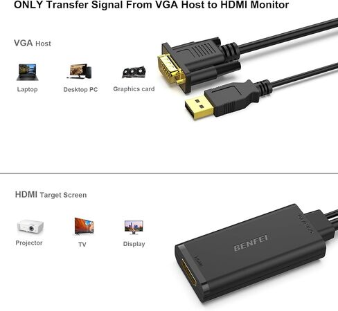 محول BENFEI VGA إلى HDMI، محول 1080P مع صوت من الكمبيوتر/الكمبيوتر المحمول مصدر VGA إلى تلفزيون/شاشة HDMI in Kuwait