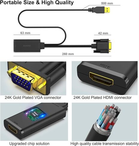 محول BENFEI VGA إلى HDMI، محول 1080P مع صوت من الكمبيوتر/الكمبيوتر المحمول مصدر VGA إلى تلفزيون/شاشة HDMI in Kuwait