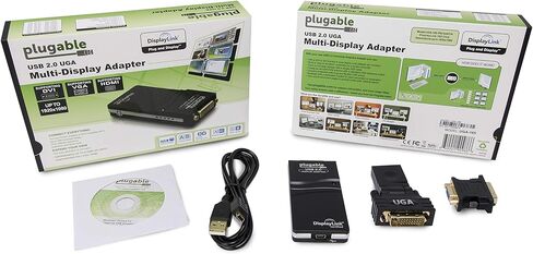 Plugable USB 2.0 to DVI, VGA, or HDMI Video Graphics Adapter for Multiple Monitors up to 1920x1080 Supports Windows 11, 10, 8.1, 7, XP, Mac, and ChromeOS in Kuwait