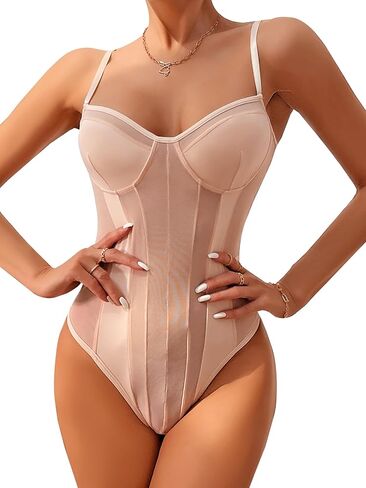 Lilosy Sexy Strappy Wireless Mesh Sheer Babydoll Lingerie Women Teddy Bodysuit Corset Bustier Nightgown Nightshirt See Through One Piece Light Pink Medium in Saudi Arabia